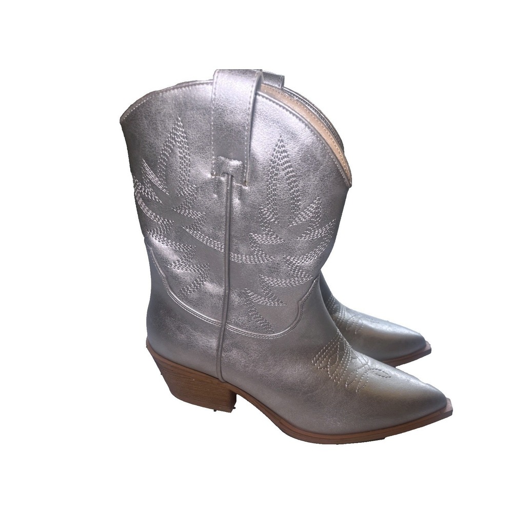 MiiM‎ Metallic Silver Western Cowboy Boots Pointed Toe Embroidered Womens 8.5